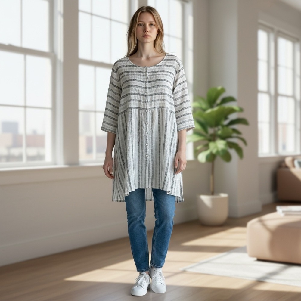 J Jill‎ Pure Cotton Linen Striped Button Tunic Top Jacket Blouse Shirt L Travel